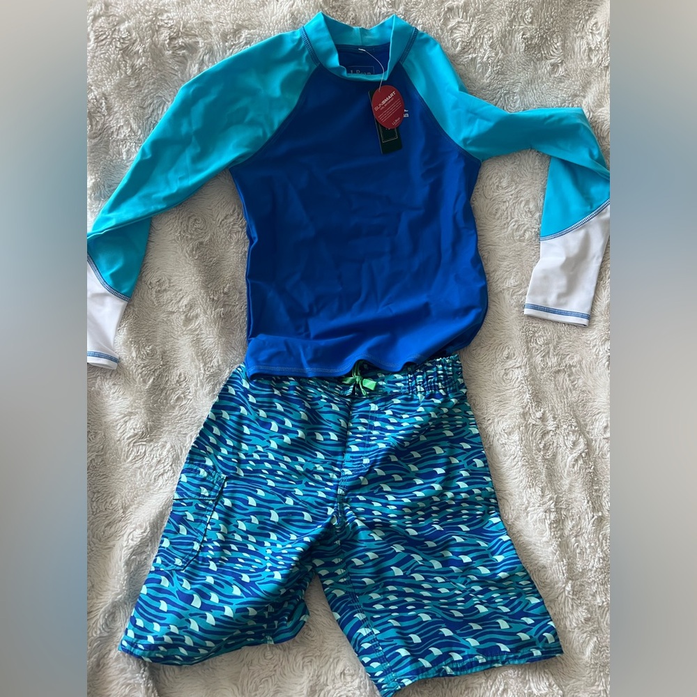 NWT L.L. Bean Kids Blue and White Swim Rashguard Set